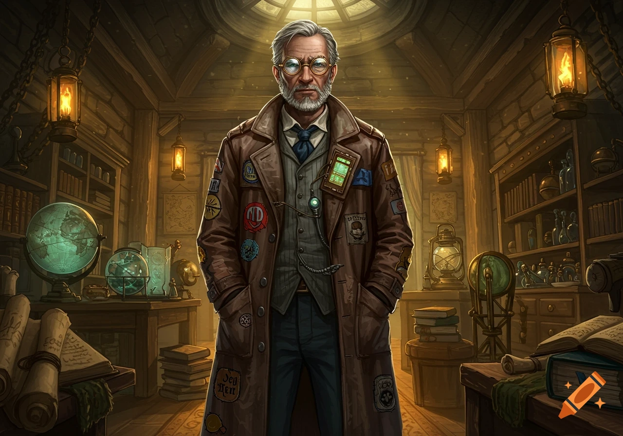 A distinguished older man with a grey beard, glasses, and a long brown trench coat adorned with patches, stands in a warmly lit, cluttered study filled with globes, books, and lanterns. A small electronic device is strapped to his chest.