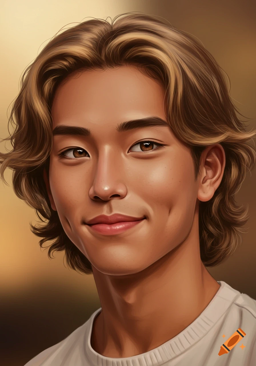 Close-up digital art portrait of a smiling young Asian man with wavy brown hair, dimples, and bronze skin.
