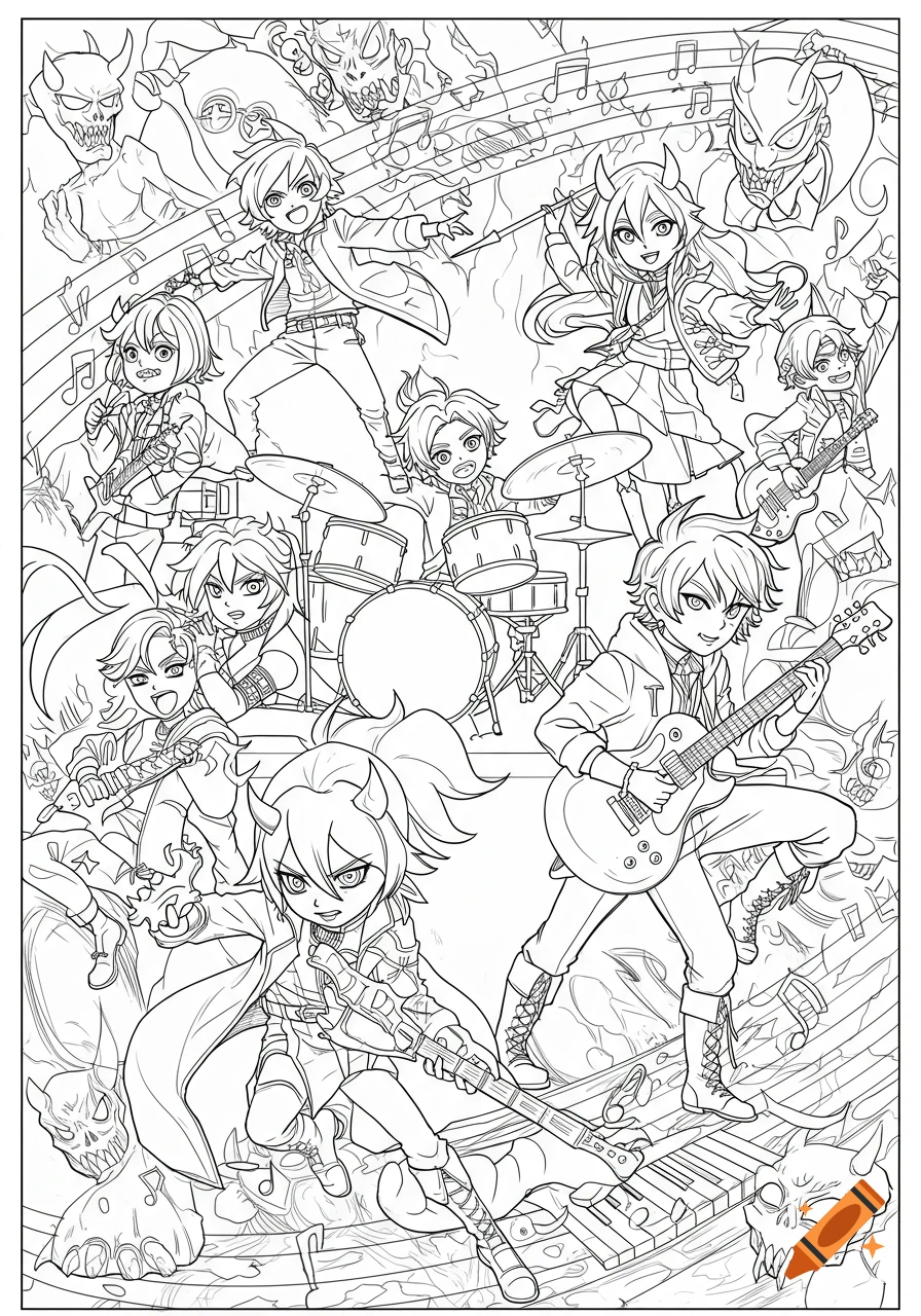 A detailed black and white anime coloring page featuring a fantasy band of characters with horns playing instruments, surrounded by demon figures and musical notes.