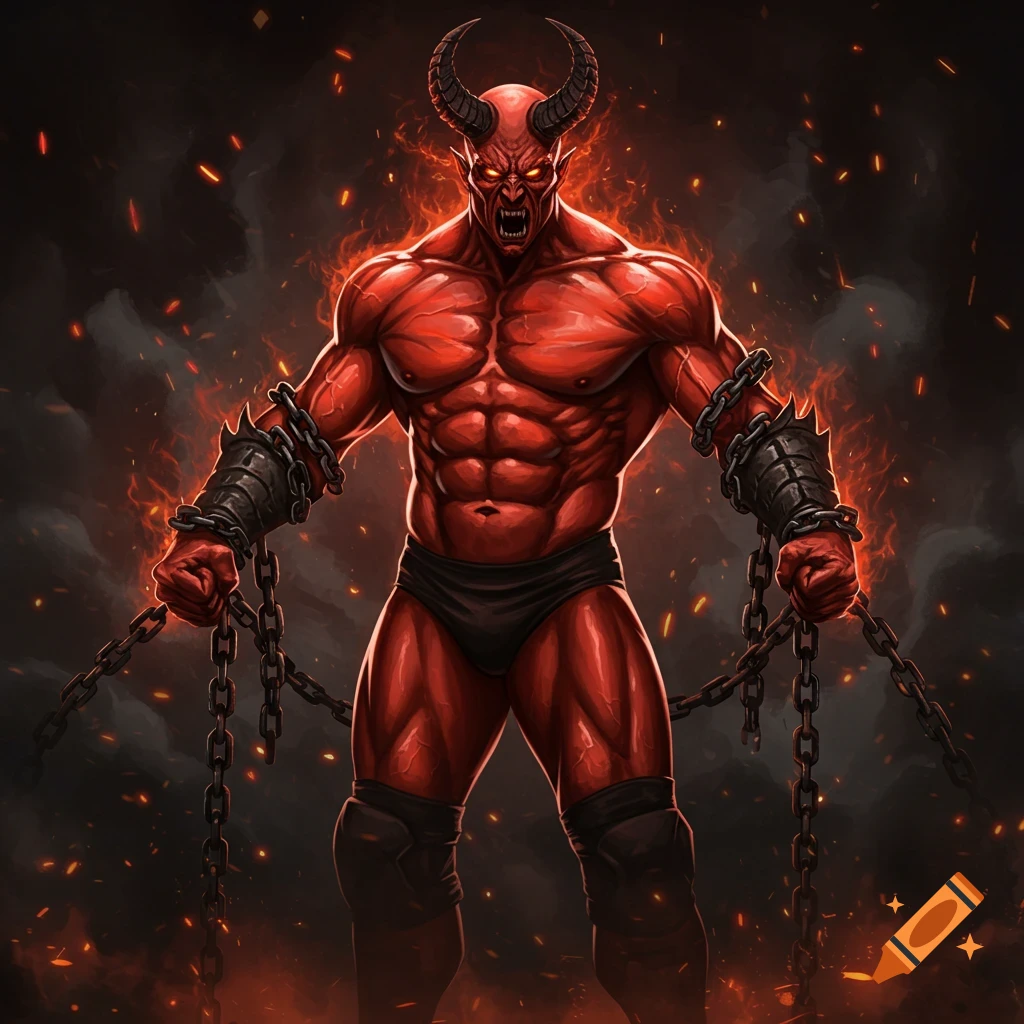 A muscular red devil with horns and chains stands engulfed in flames.