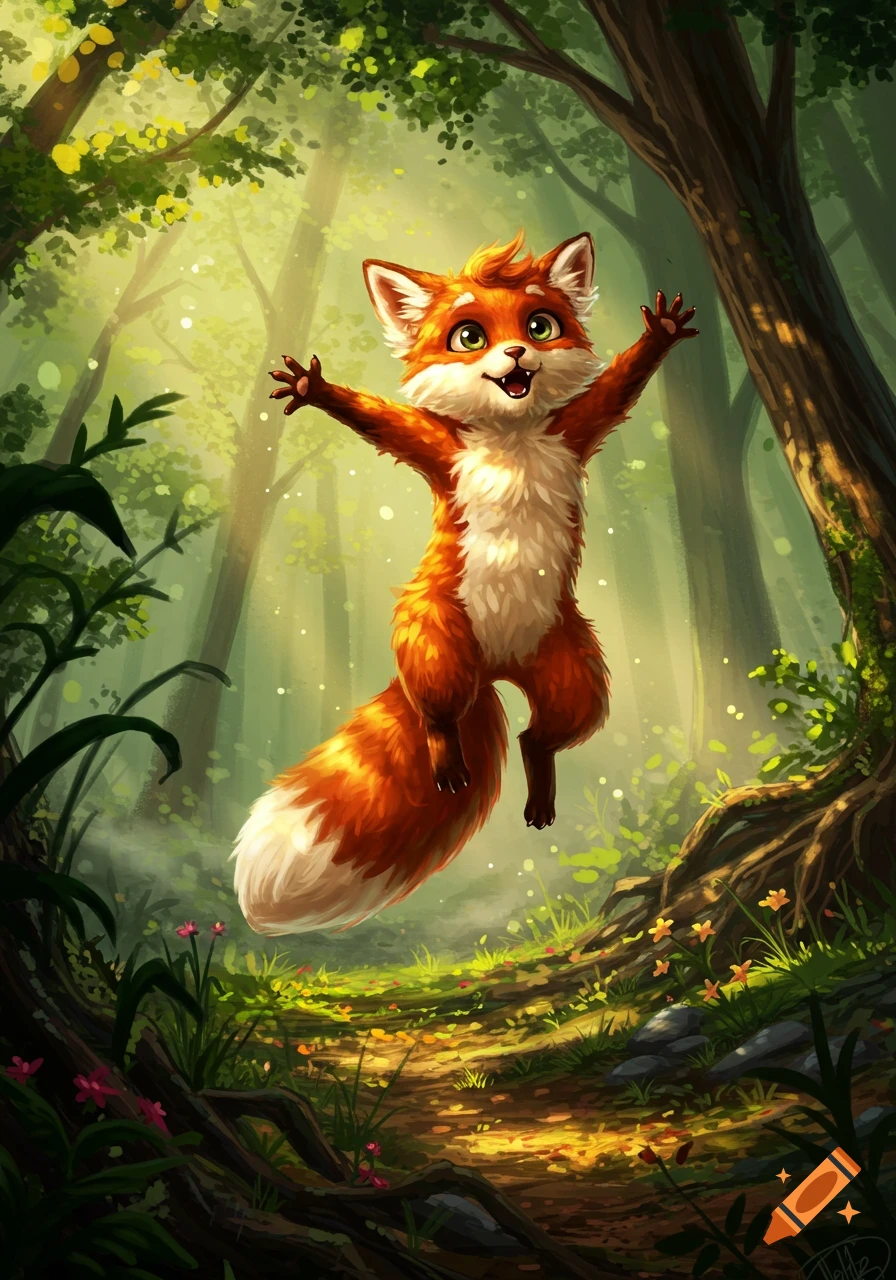 A cute, happy cartoon fox with orange fur jumps joyfully with arms wide in a sun-dappled green forest.
