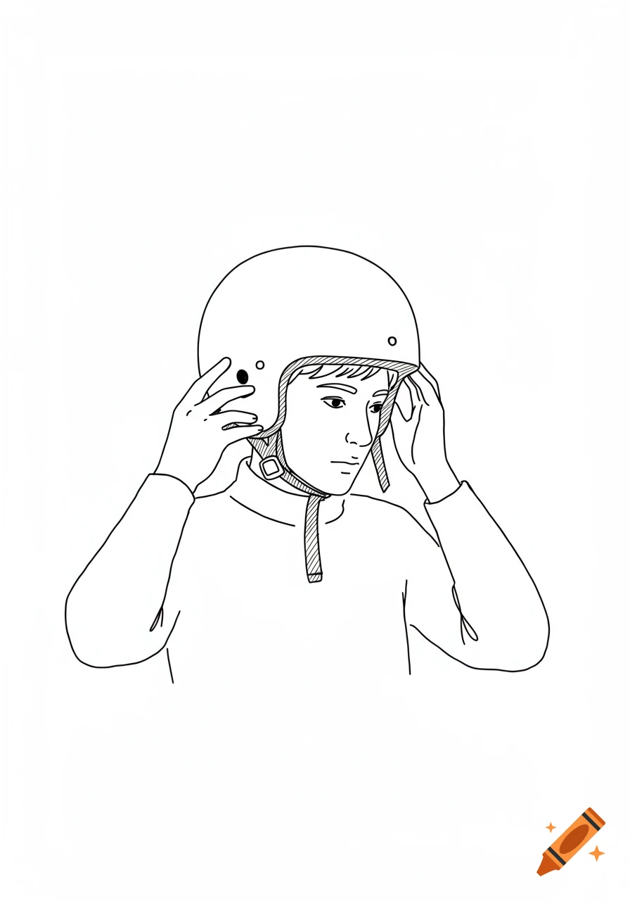 A hand-drawn line art illustration of a person putting on a helmet.