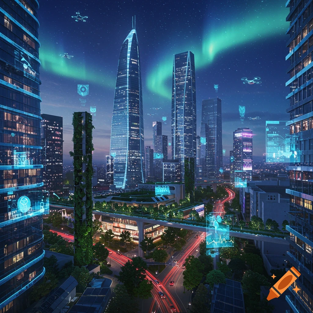 A vibrant, futuristic city at night with towering skyscrapers, glowing infrastructure, flying drones, and a green aurora borealis in the sky.