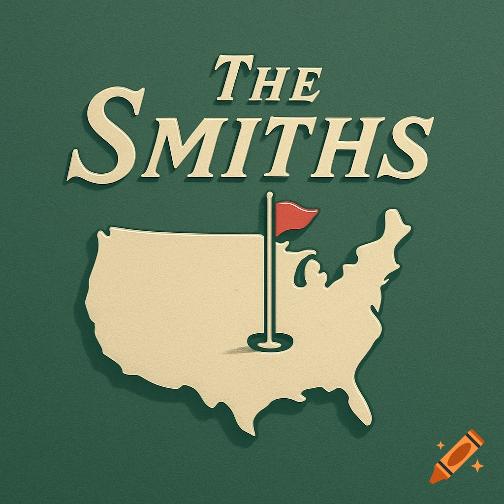 A green background with cream colored embossed text "THE SMITHS" above a cream-colored outline of the USA with a red golf flag in the center.