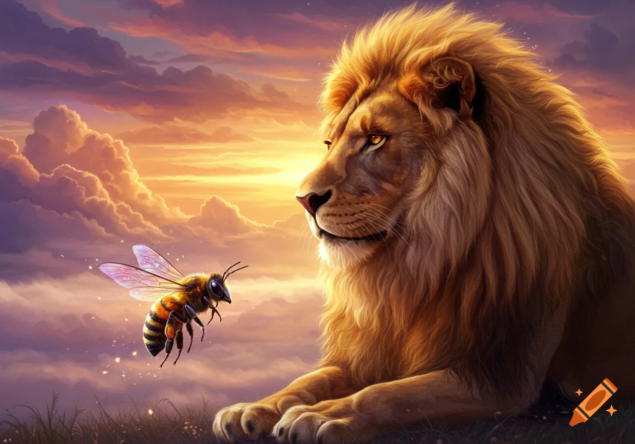 A majestic lion lies on the grass, looking toward a large, magical bee with glowing wings against a dramatic sunset sky.