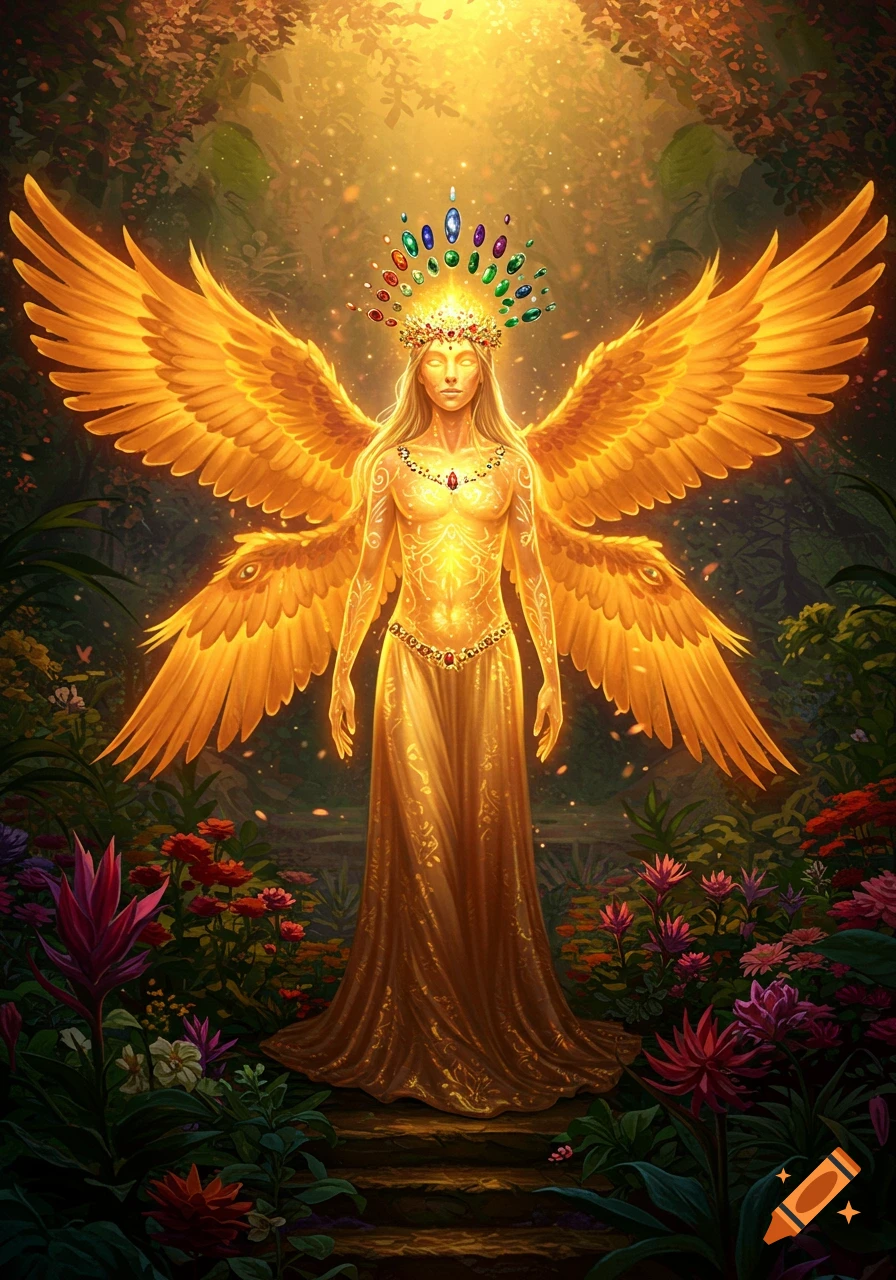 A glowing golden angelic figure with large golden wings and a jeweled crown stands in a vibrant, lush garden.