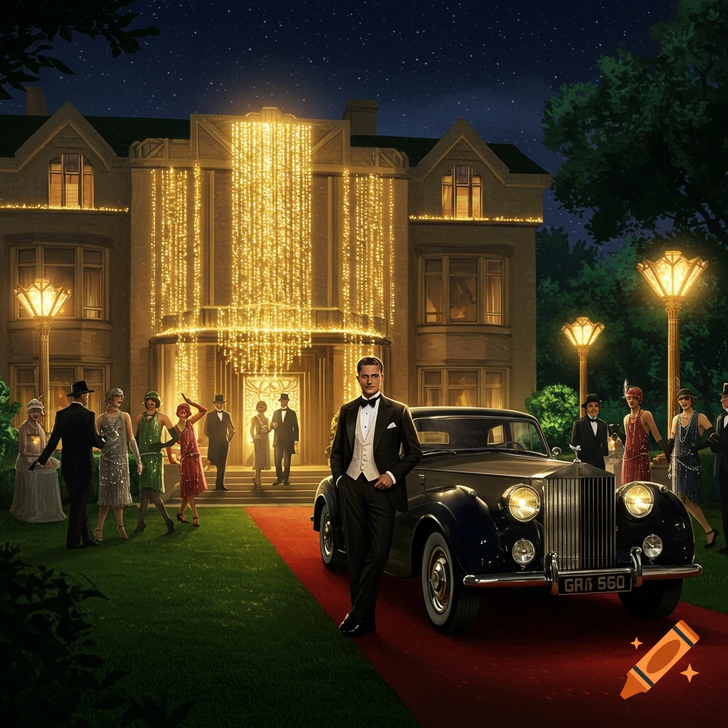 A Gatsby-era night party with a man in a tuxedo standing by a vintage car, people in 1920s attire near a brightly lit mansion.