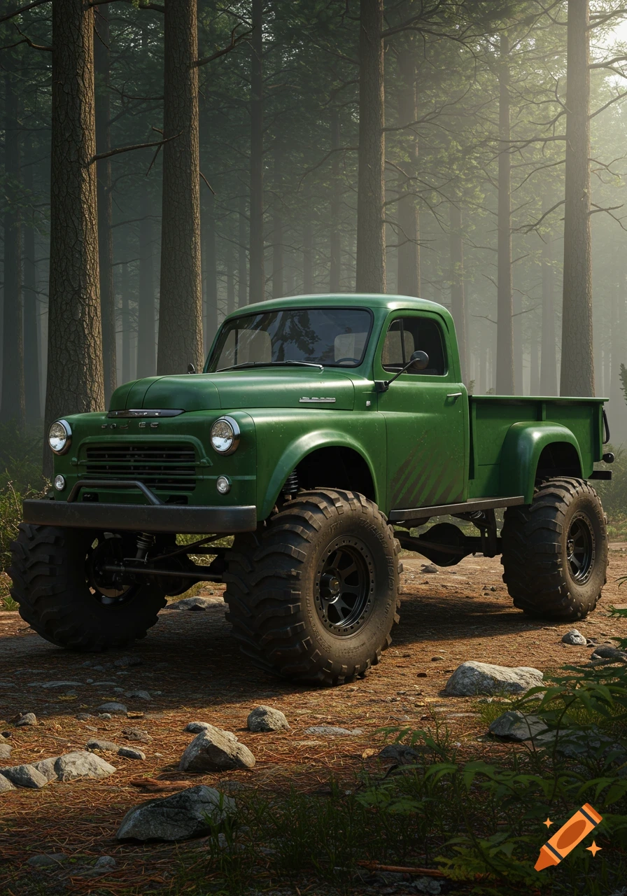 A photorealistic depiction of a green 1949 Dodge off-road pickup truck with massive tires parked on a dirt path in a sunlit forest.