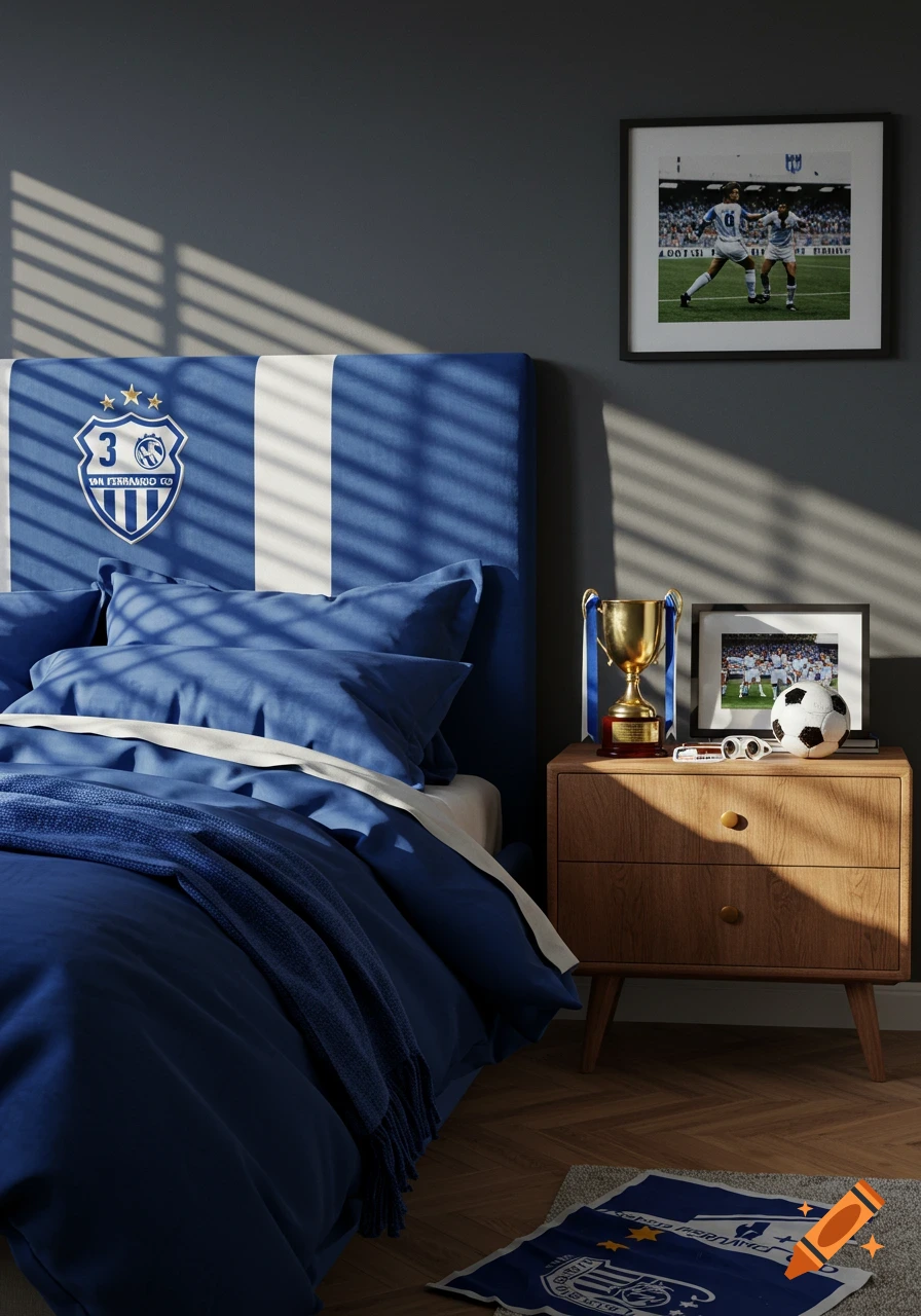 A blue and white bedroom with a bed featuring a San Fernando CD logo on the headboard, a football trophy, and a framed photo on the nightstand.
