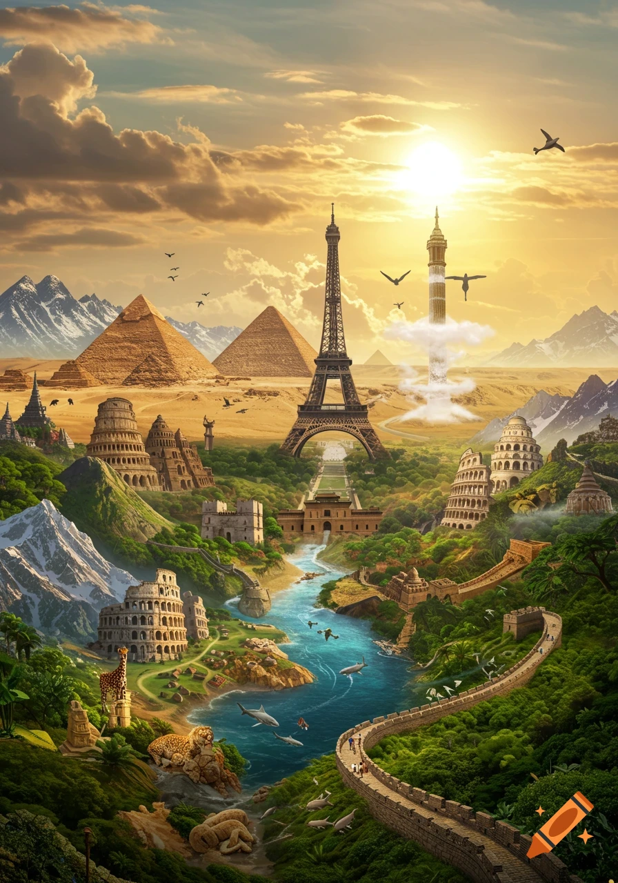 A vibrant, surreal landscape blends world landmarks: Eiffel Tower, pyramids, Colosseum, Great Wall, with rivers, mountains, and diverse animals at sunset.