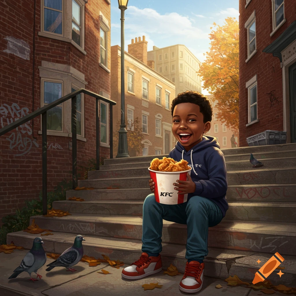 A smiling Black boy sits on stone steps in a city, happily holding a KFC bucket filled with fried chicken. Pigeons and autumn leaves are scattered around.