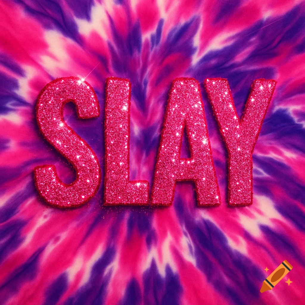 The word SLAY in hot pink glittery letters on a vibrant pink, purple, and white tie-dye background.
