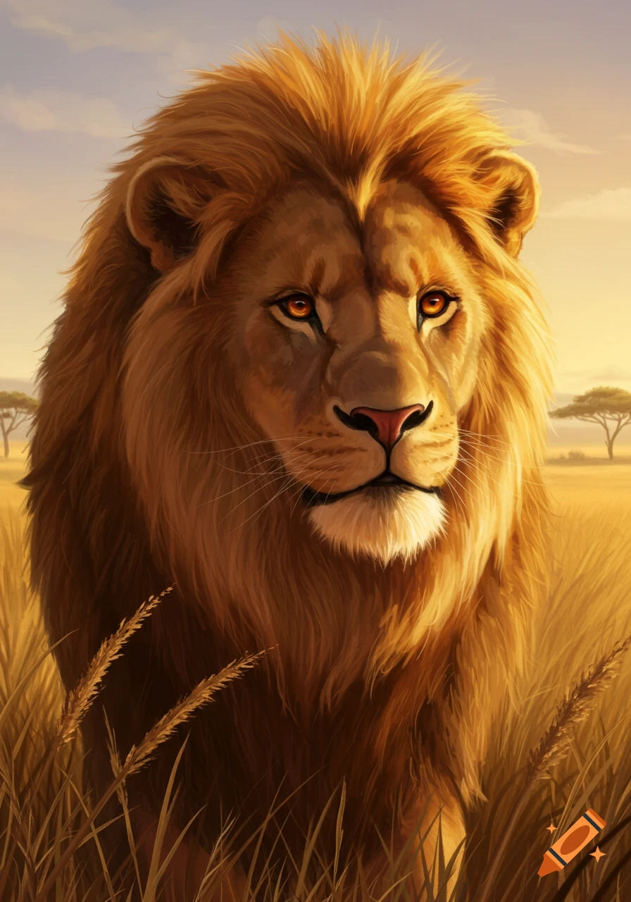 A majestic lion with a golden mane stands in tall golden grass in a savanna landscape under a warm, clear sky.