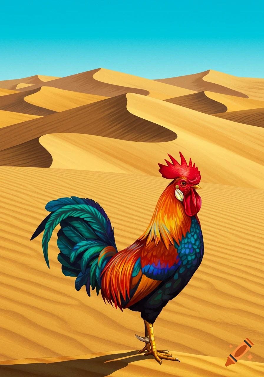 A vibrant, stylized multicolored rooster stands prominently in a rolling desert landscape under a clear blue sky.