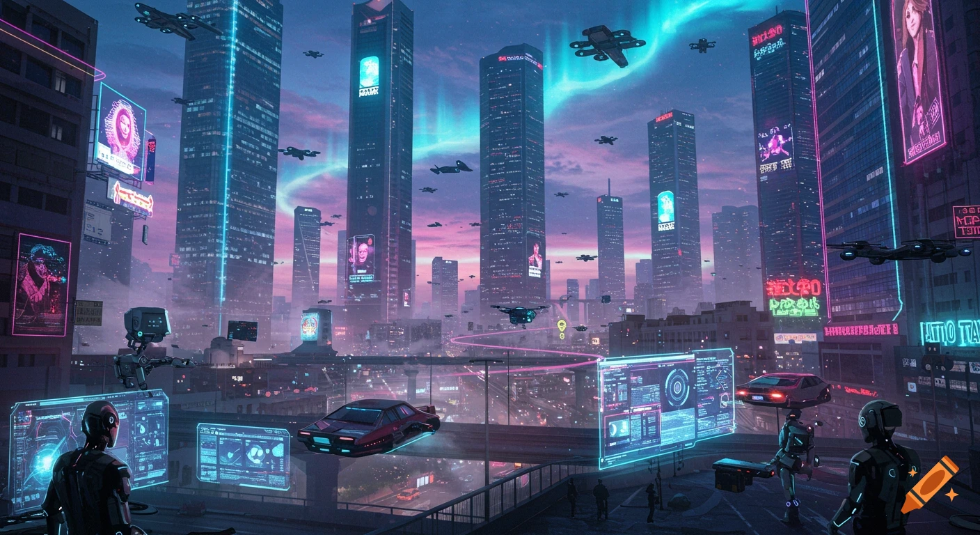A vibrant cyberpunk cityscape at dusk, featuring towering skyscrapers, flying vehicles, neon signs with illegible text, and robots observing the scene.