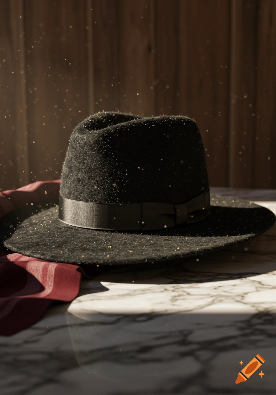 A black felt fedora with a black ribbon band rests on a white marble table next to a red cloth, with golden specks of light.