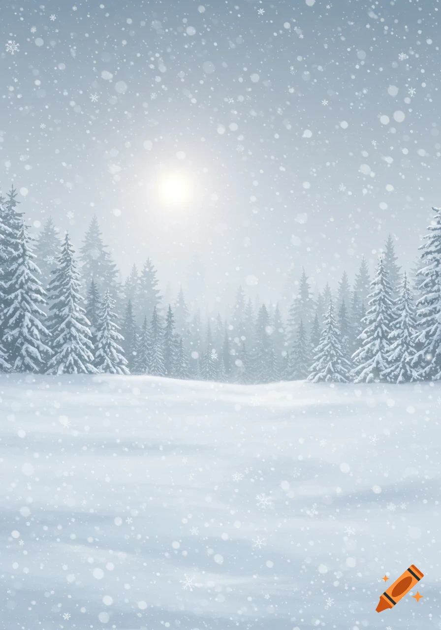 A serene winter forest scene with snow-covered fir trees and a bright sky with falling snowflakes.