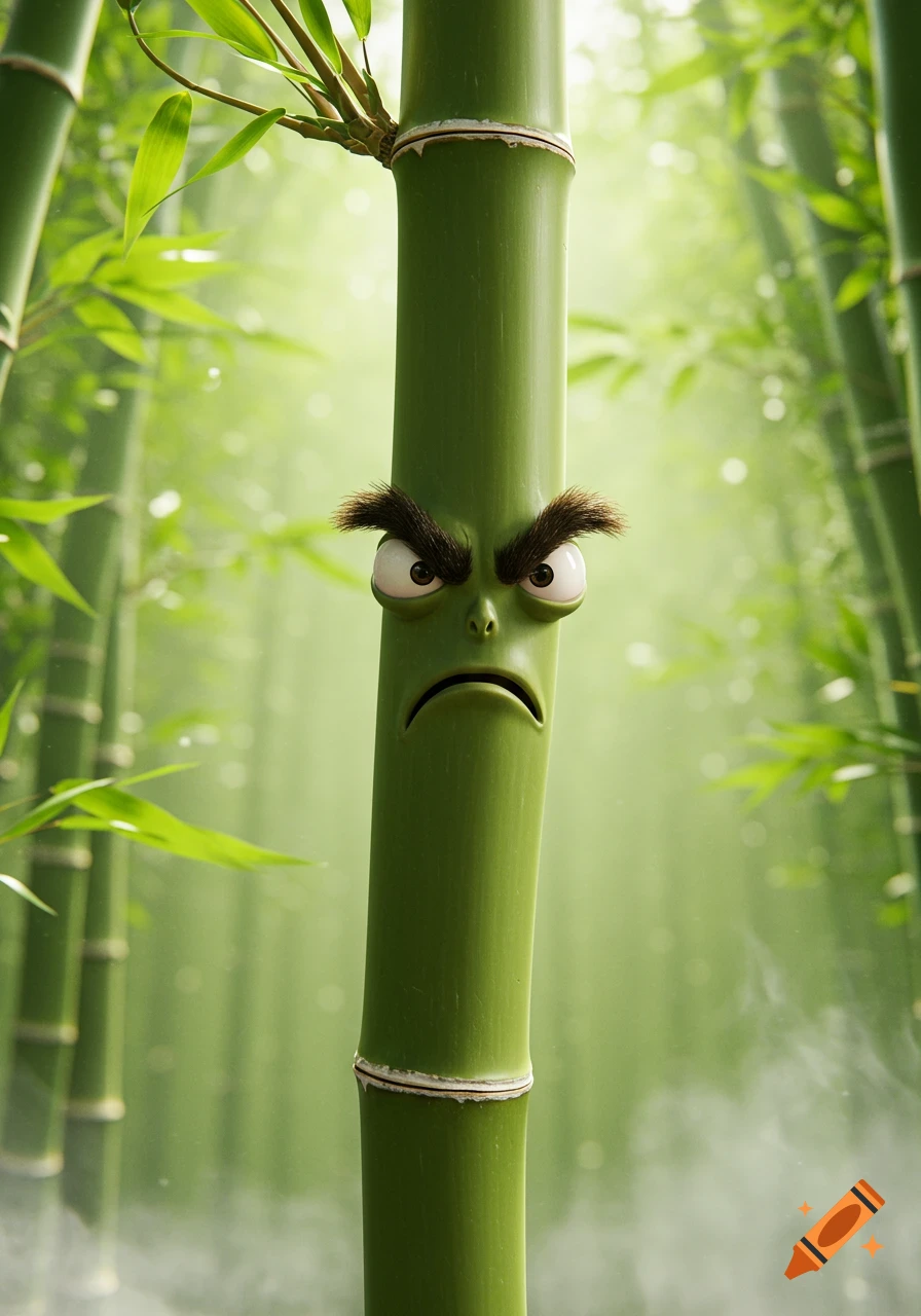 A bright green bamboo stick with an angry cartoon face, bushy eyebrows, and a frowning mouth in a lush green bamboo forest.