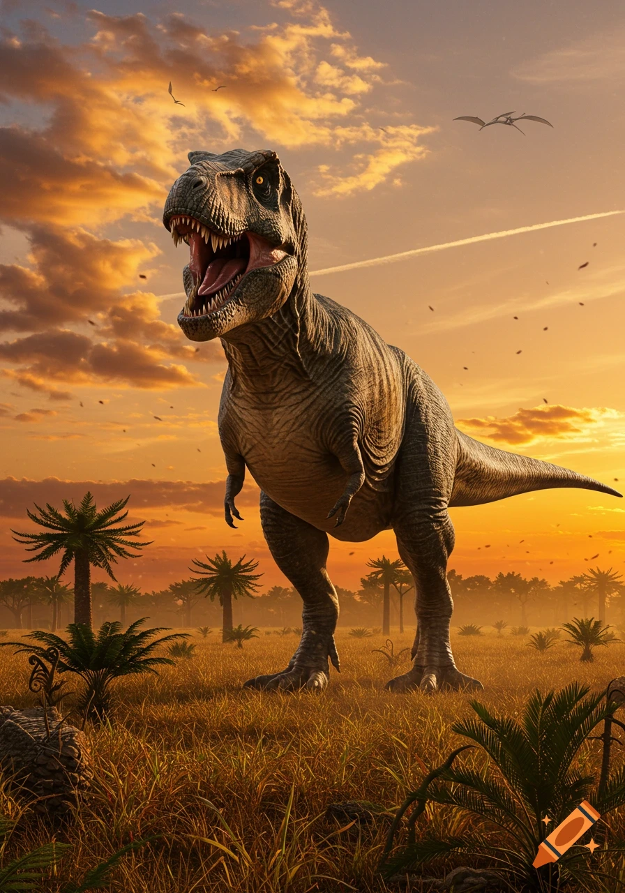 A majestic Tyrannosaurus Rex roars in a lush, prehistoric landscape under a vibrant orange sunset, with pterodactyls flying.