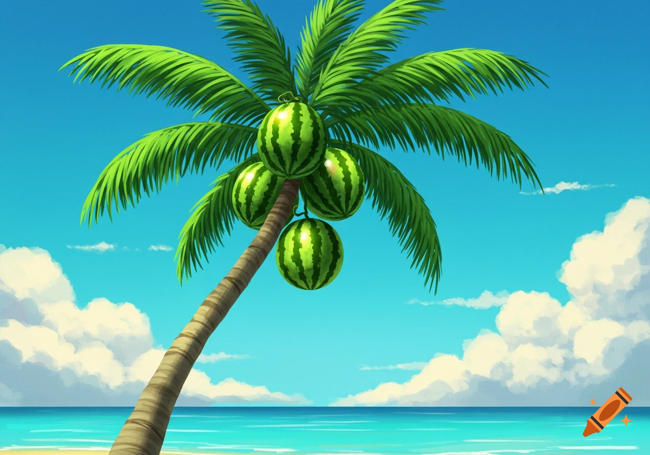 A cartoon palm tree stands on a beach with watermelons hanging as its fruit under a blue sky with white clouds.