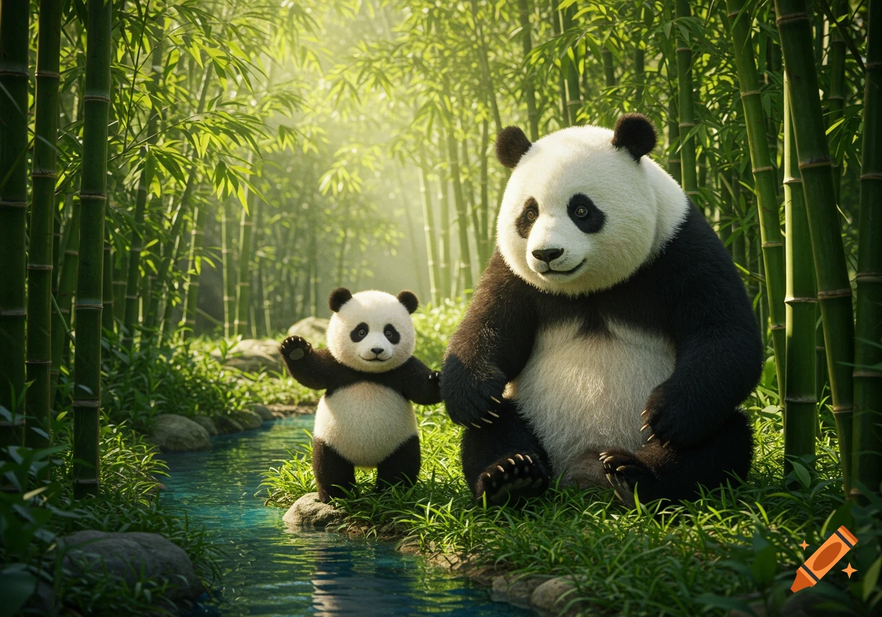 A large panda sits beside a waving baby panda by a stream in a sunny, dense bamboo forest.