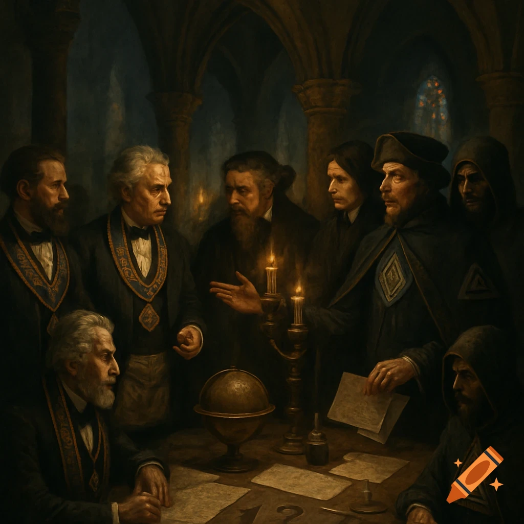 A painting of men in elaborate historical attire gathered around a table in a dimly lit, vaulted room, depicting a secret society meeting.