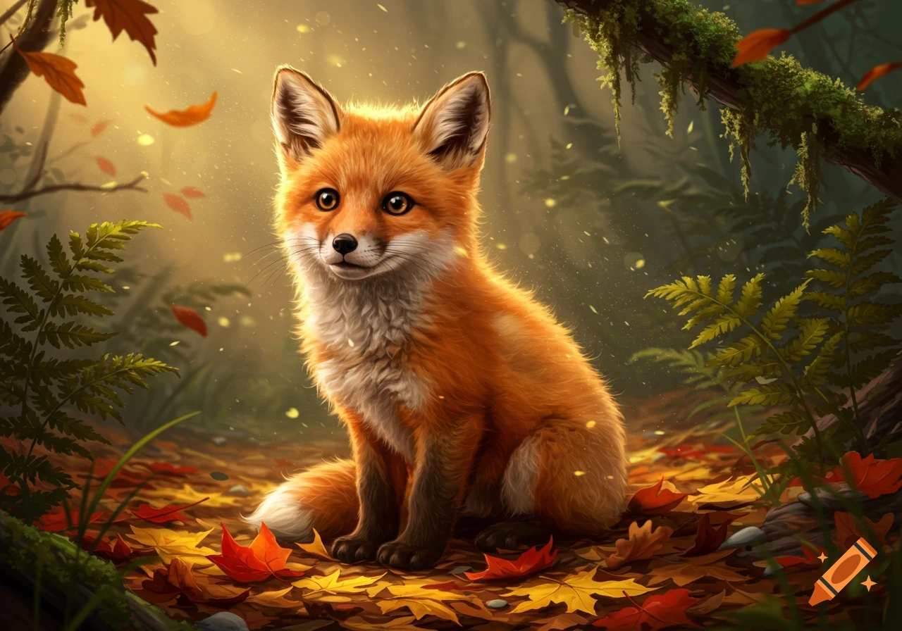 A cute orange fox sits among fallen autumn leaves in a sunlit forest.