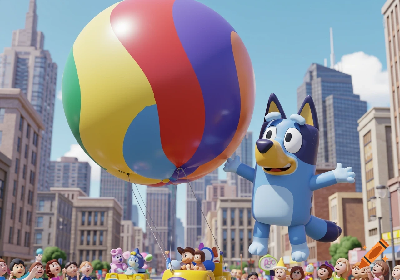 A Bluey cartoon character balloon floats in a city parade with a giant colorful beach ball and crowds below.