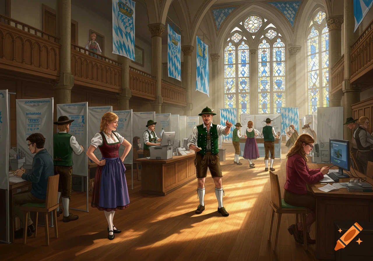 People in traditional Bavarian attire participate in an election within a grand hall adorned with large windows and Bavarian banners, illustrated style.