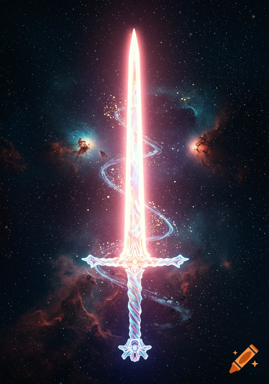 A vibrant, glowing sword with an ornate hilt stands vertically in deep space, surrounded by stars and colorful nebulae.