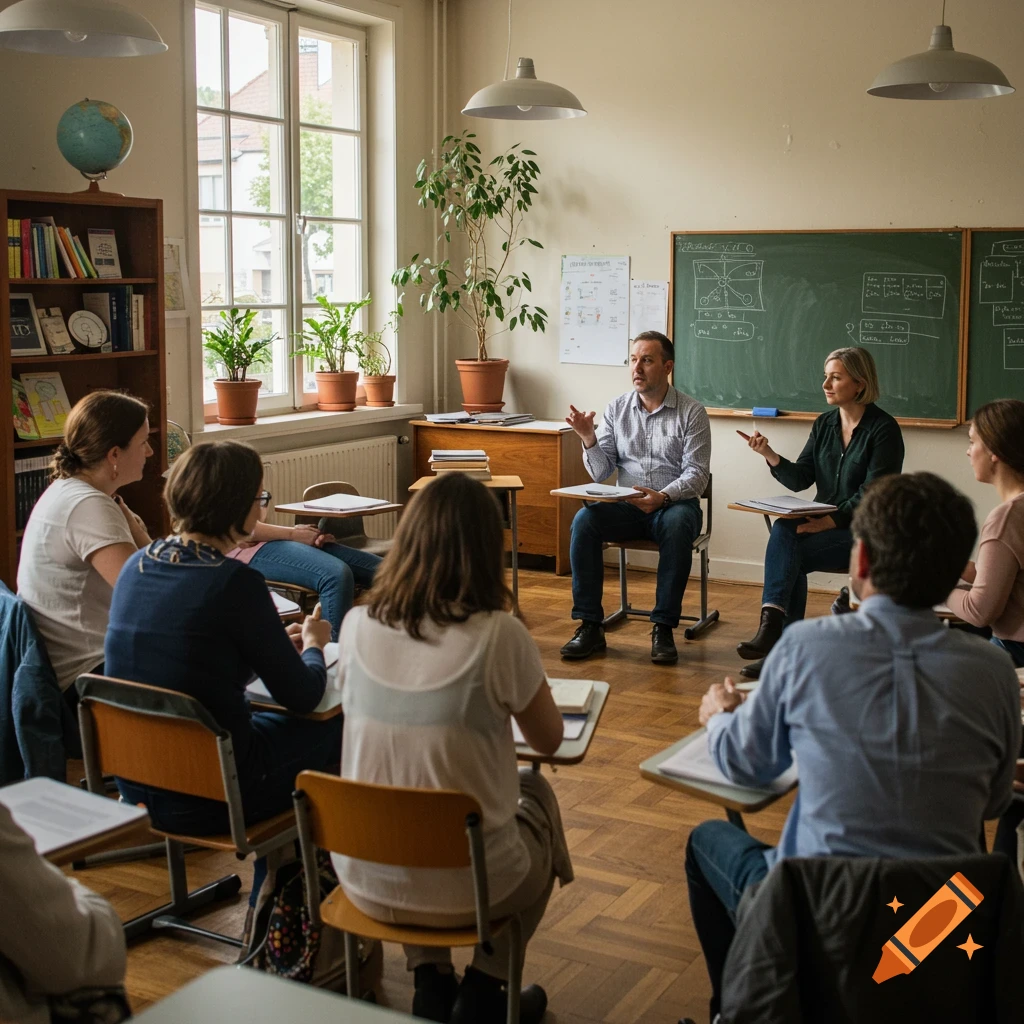 A group of adults sits in a bright classroom, engaged in a discussion with a male and female instructor. Photorealistic style.
