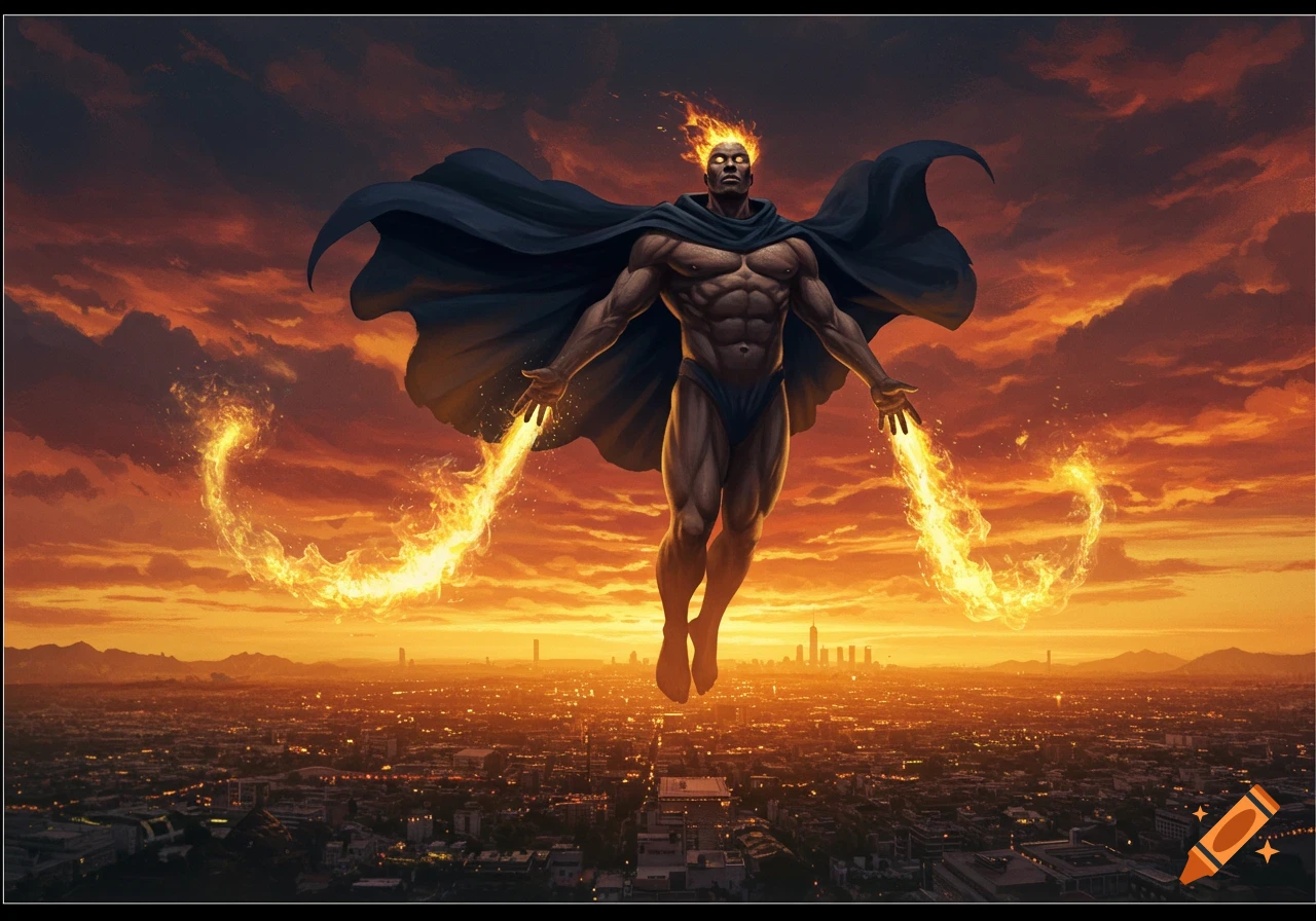 A muscular, dark-skinned superhero with a cape and fiery hands floats above a city at sunset.