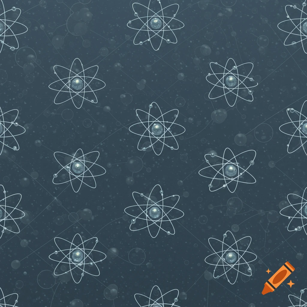 A seamless dark blue pattern featuring multiple glowing white atomic models with orbital electrons.
