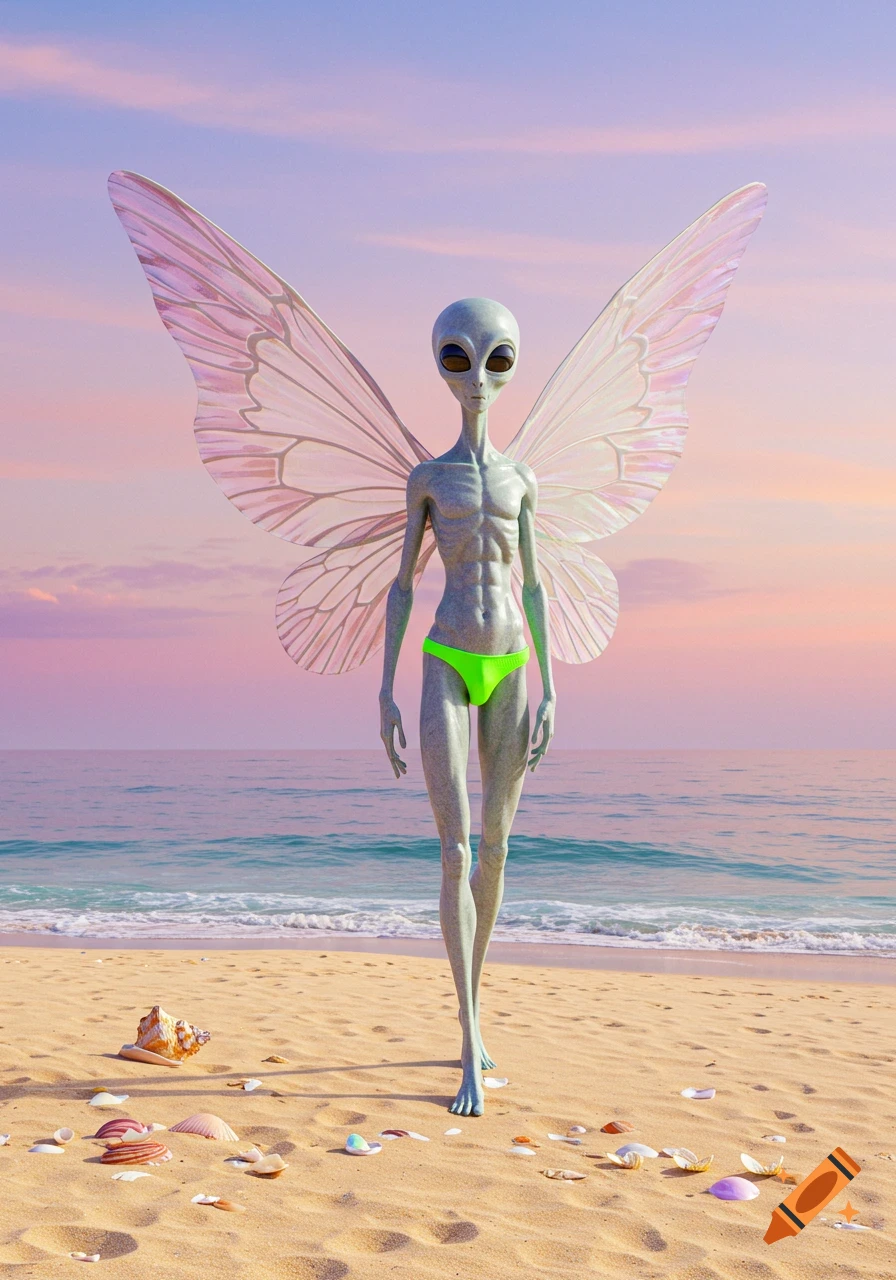 A slender, grey alien with large, translucent fairy wings and a neon green speedo stands on a sandy beach at sunset.