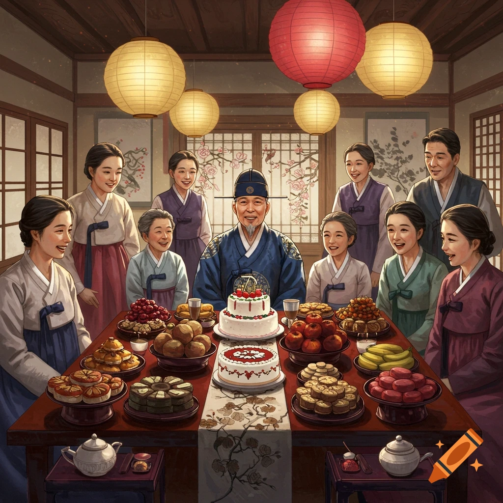 A Korean family celebrates a grandfather's 70th birthday with cakes and abundant traditional food around a large table.