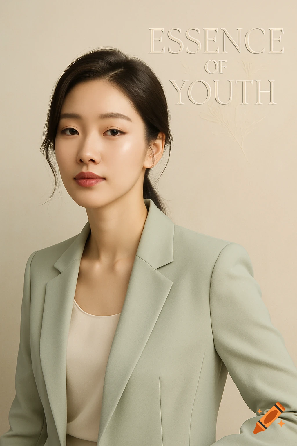 A Korean woman in a sage green blazer poses for a beauty ad, with "ESSENCE OF YOUTH" text above her.
