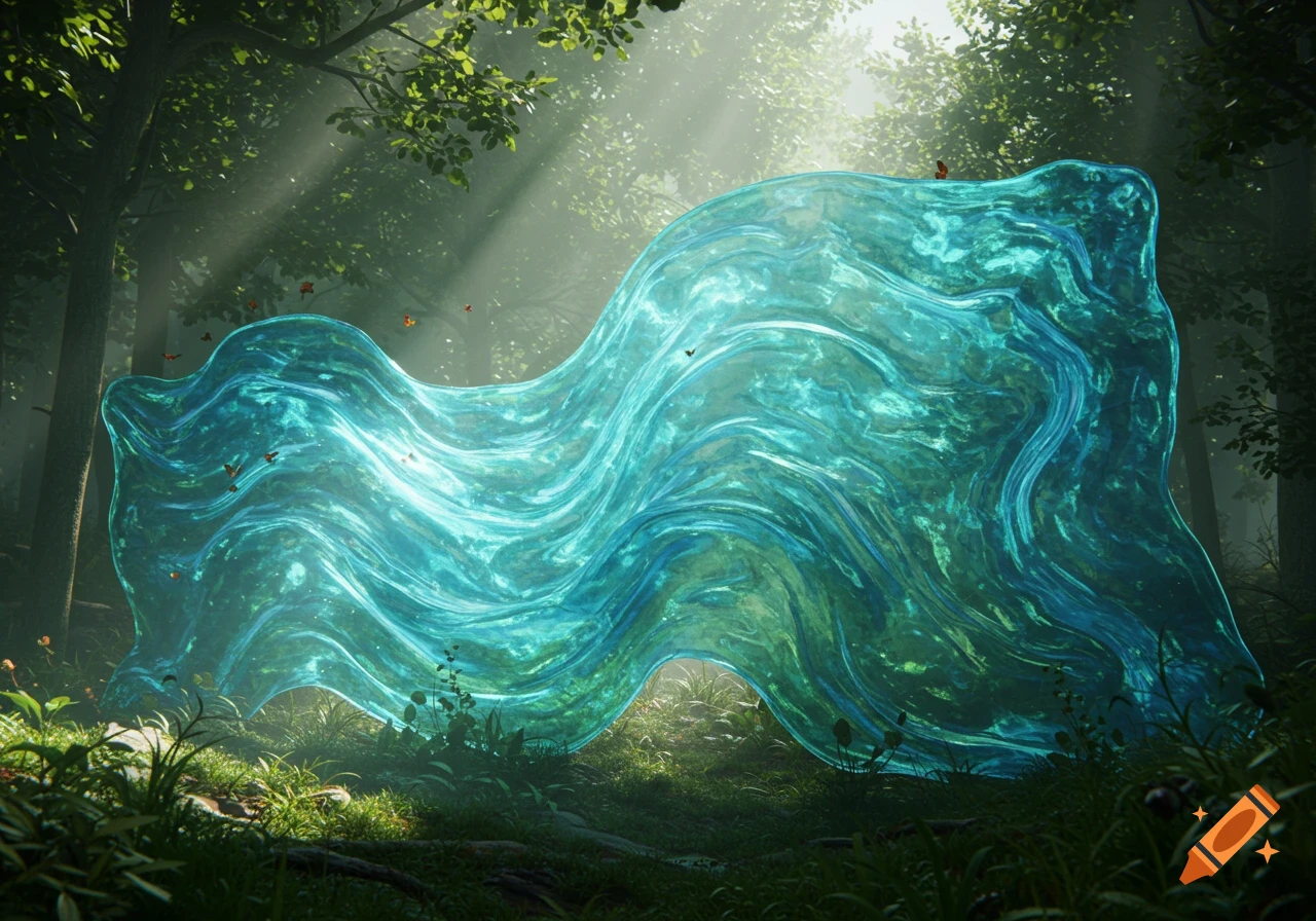 A glowing, wavy, translucent teal and green barrier stands in a sunlit forest, surrounded by trees and lush green foliage.