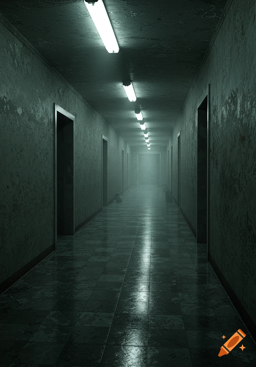 A long, dark, and eerie hallway with fluorescent lights reflecting on the wet, tiled floor, leading into a misty distance.