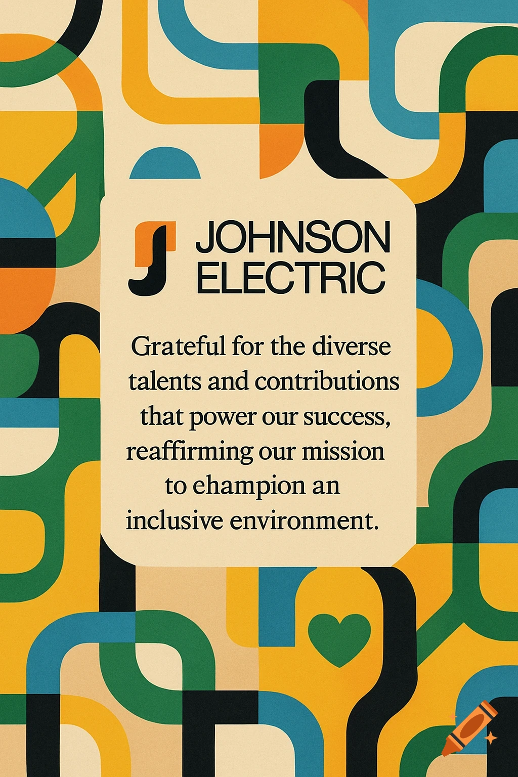 Abstract geometric pattern in green, blue, yellow, and black behind a card with 'JOHNSON ELECTRIC' and a diversity message.