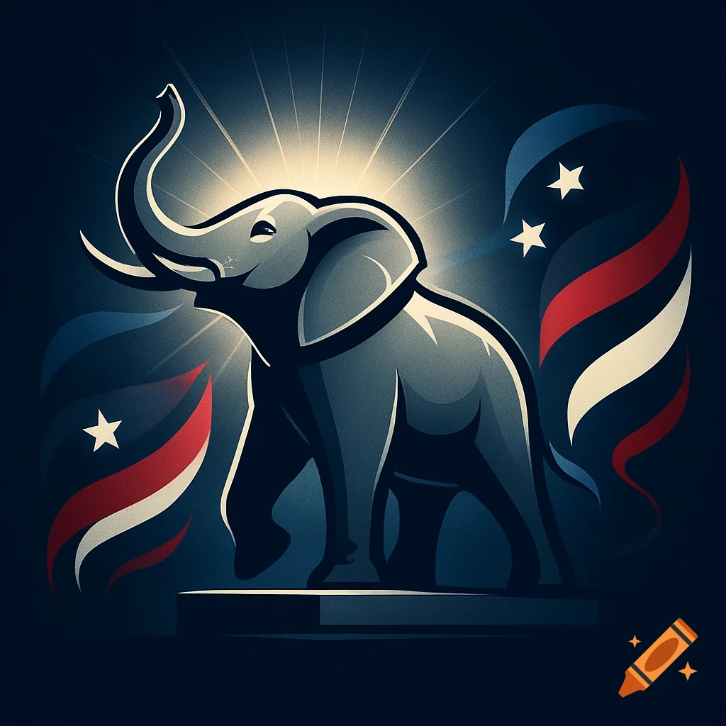 Stylized gray elephant, Republican party symbol, with trunk raised, glowing light, stars, and red, white, blue ribbons.