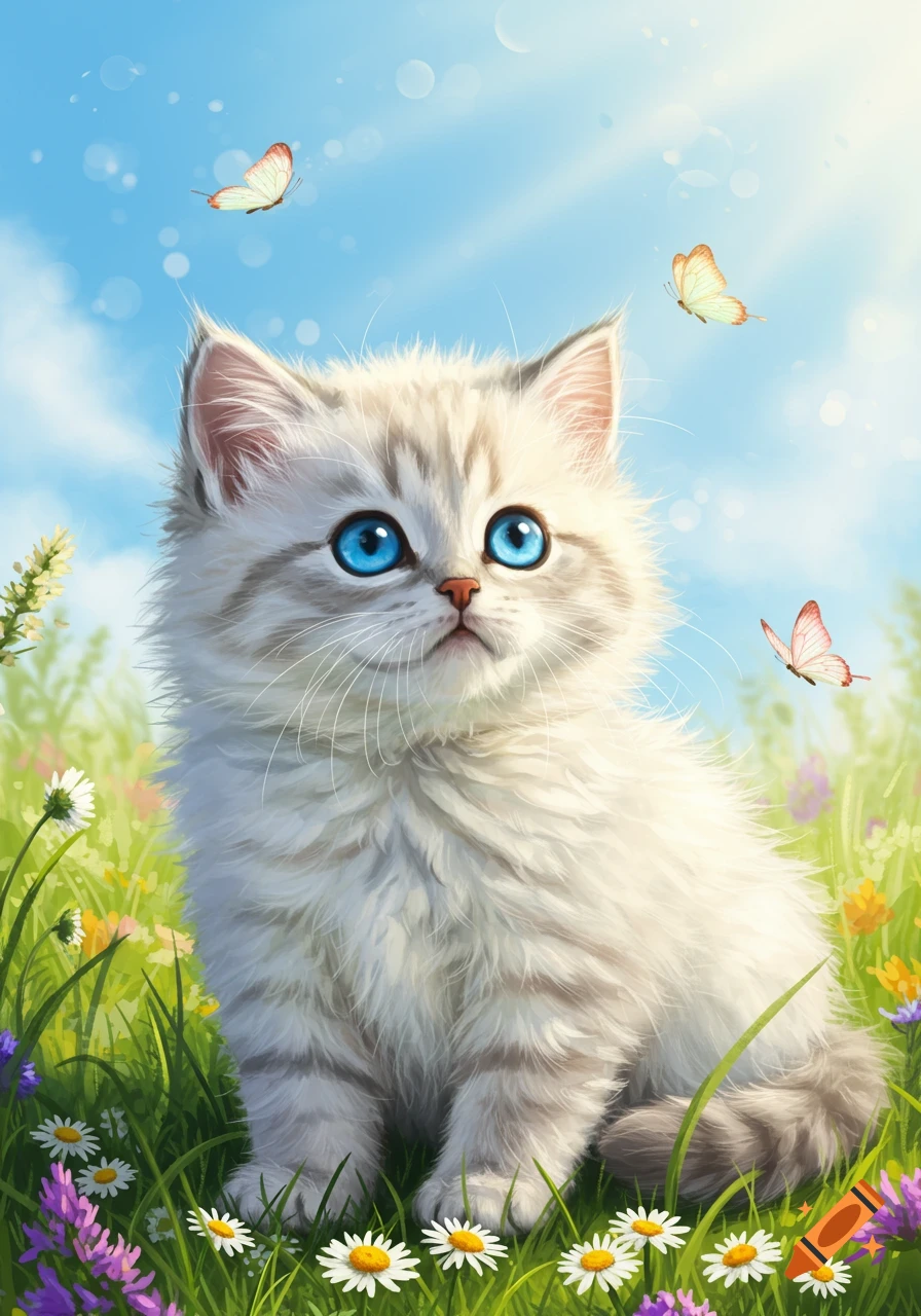 A fluffy white kitten with bright blue eyes sits in a field of colorful wildflowers under a blue sky with butterflies flying.