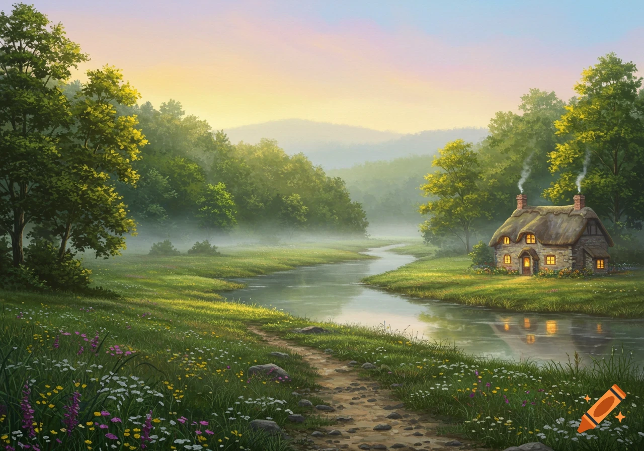 A serene landscape features a winding river, lush forest, and a cozy cottage with illuminated windows at dawn.