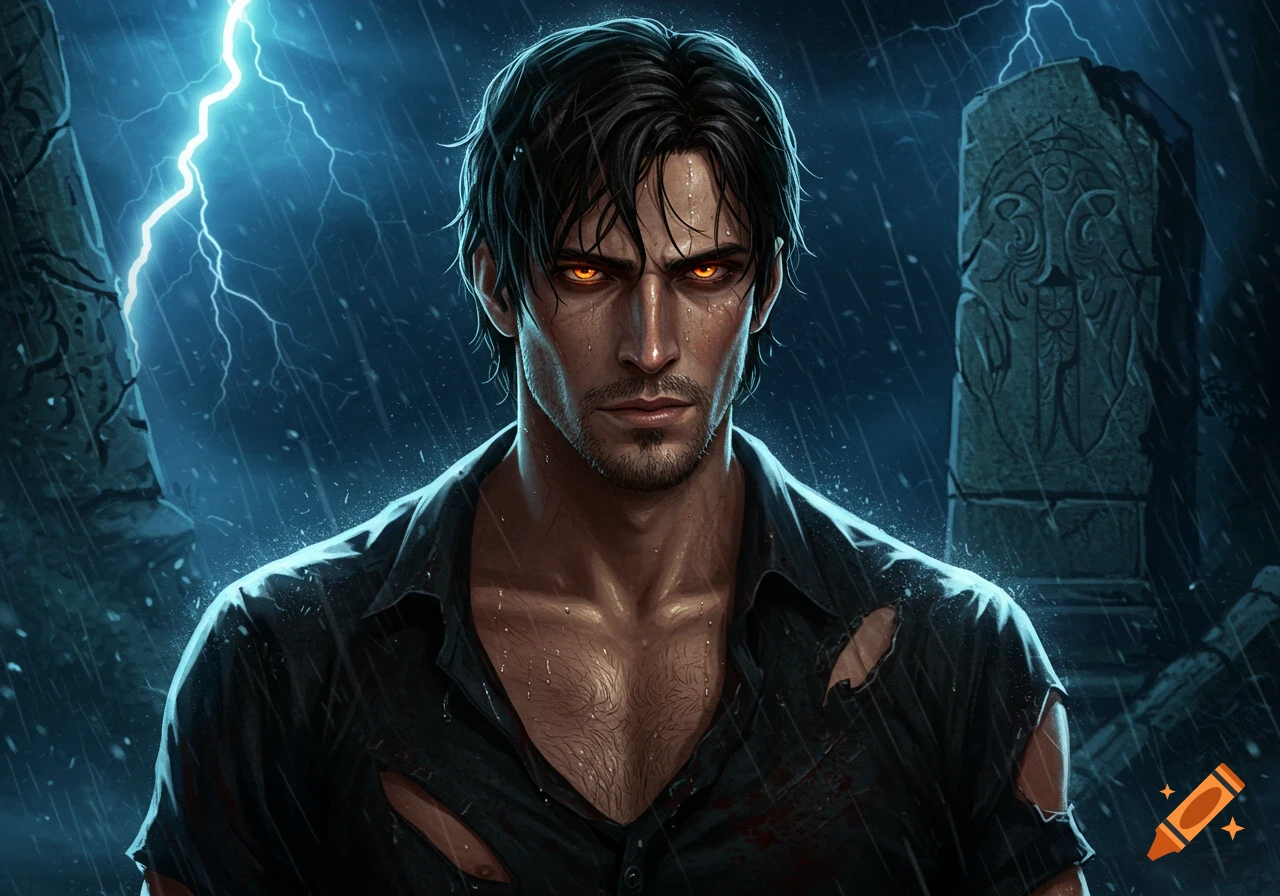 Digital painting of a brooding man with glowing amber eyes and a torn, bloody shirt standing in the rain with lightning and a stone altar.