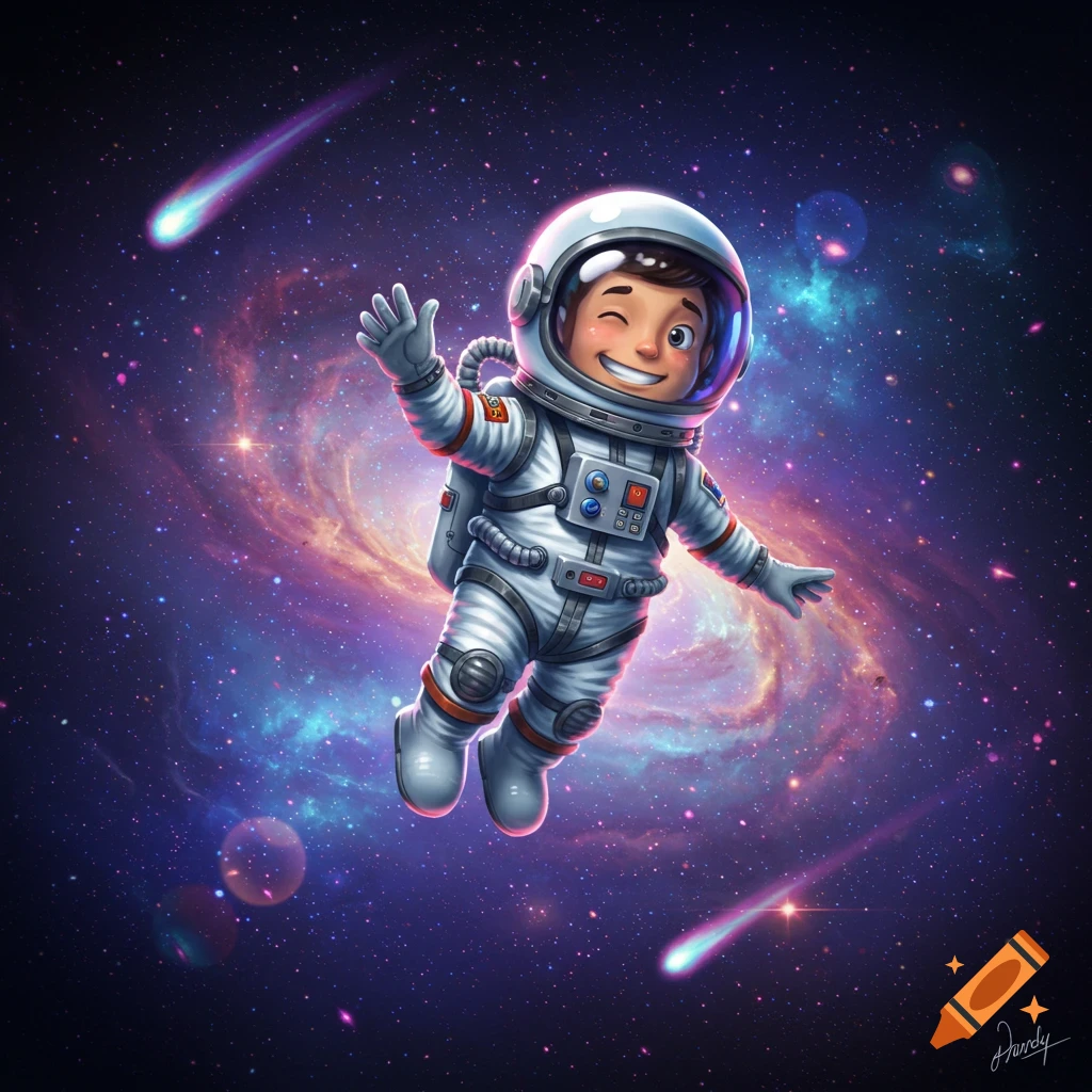 A cheerful cartoon astronaut winks and waves, floating in a vibrant galaxy with nebulae and shooting stars.