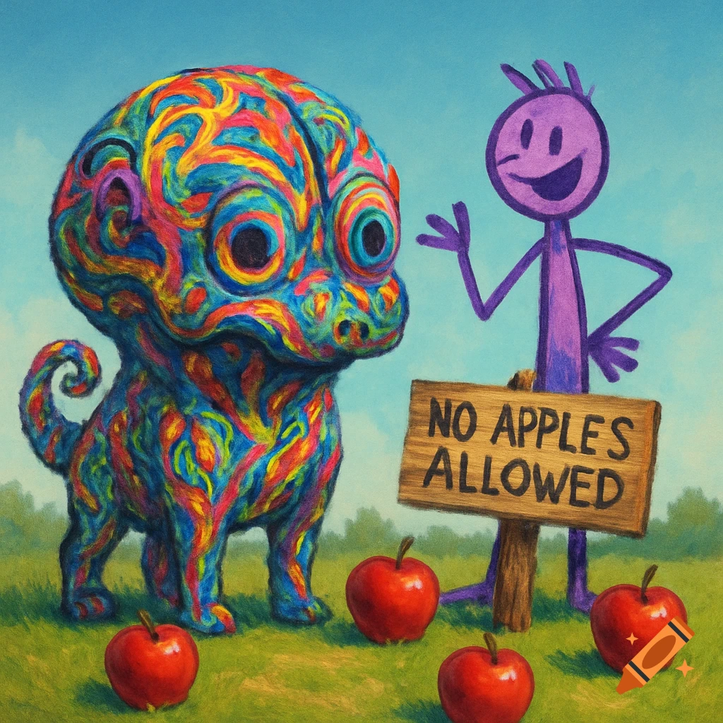 A vibrant, textured creature and a purple stick figure stand in a field with a 'NO APPLES ALLOWED' sign and red apples on the grass.