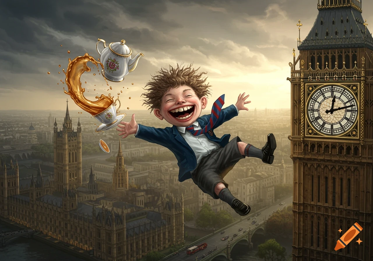 Whimsical illustration of a laughing British boy falling from Big Ben, spilling tea above a London cityscape.