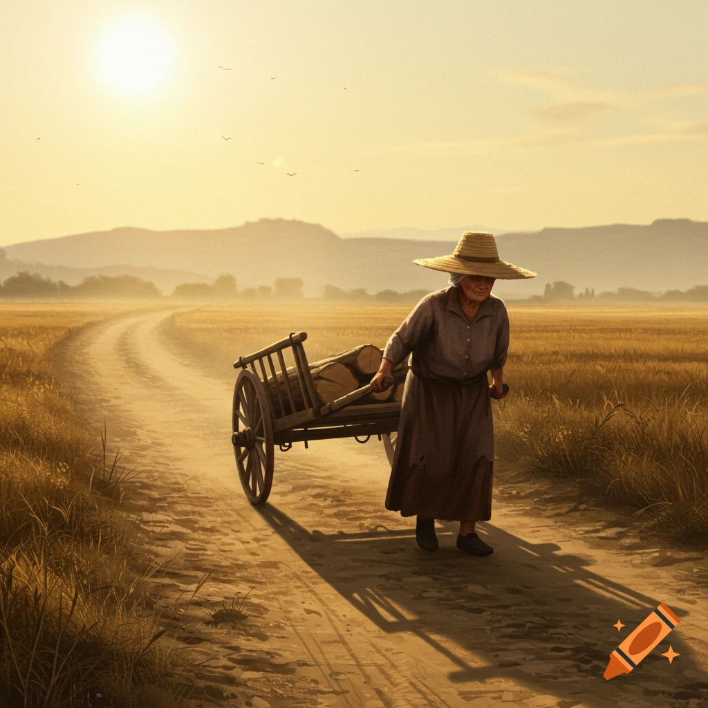 An old woman in a straw hat pulls a log-filled cart along a dusty path through golden fields at sunset, with distant mountains.