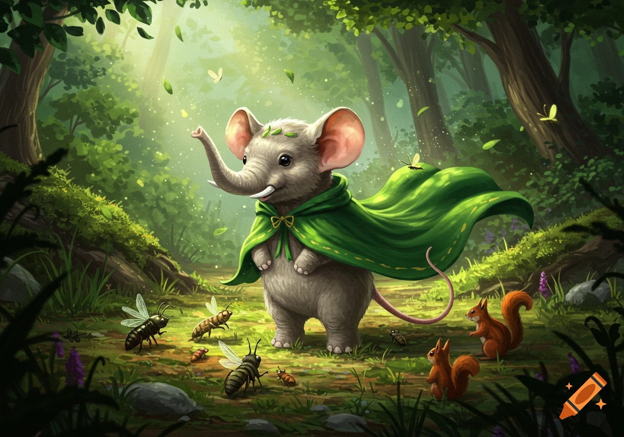 A whimsical elephantmouse in a green cape stands in a sunlit, vibrant green forest with insects and squirrels.
