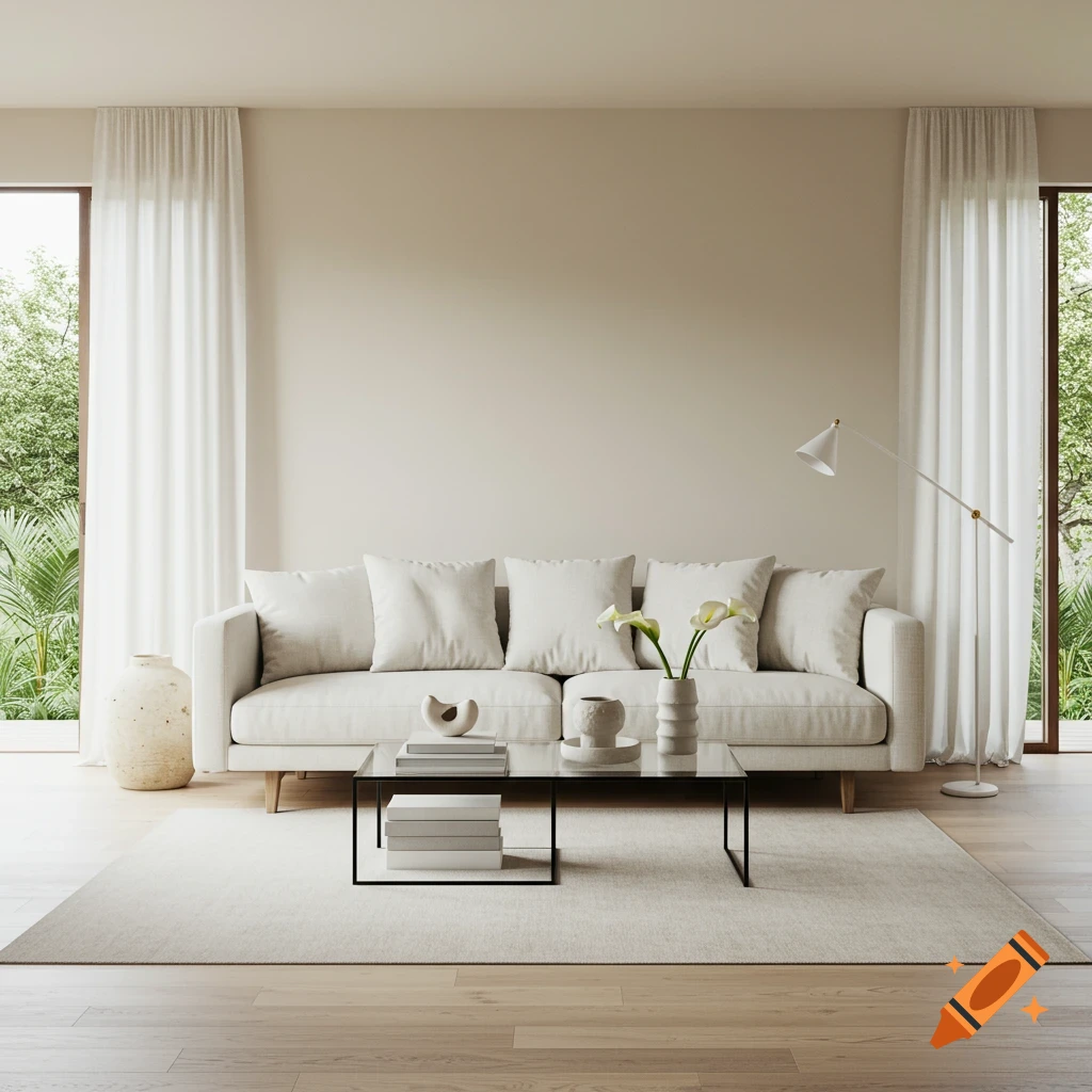 A minimalist modern living room with a white sofa, glass coffee table, floor lamp, and large windows revealing green foliage outside.