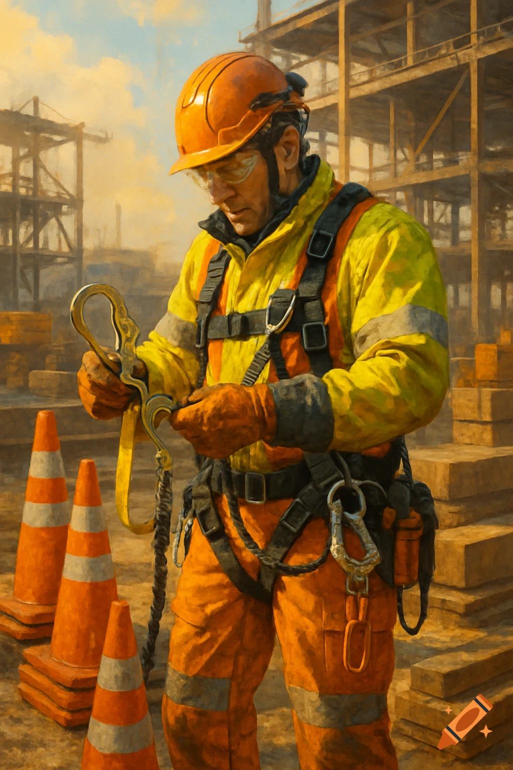 A construction worker in a hard hat and safety harness inspects equipment at a building site, with traffic cones nearby, in a painterly style.